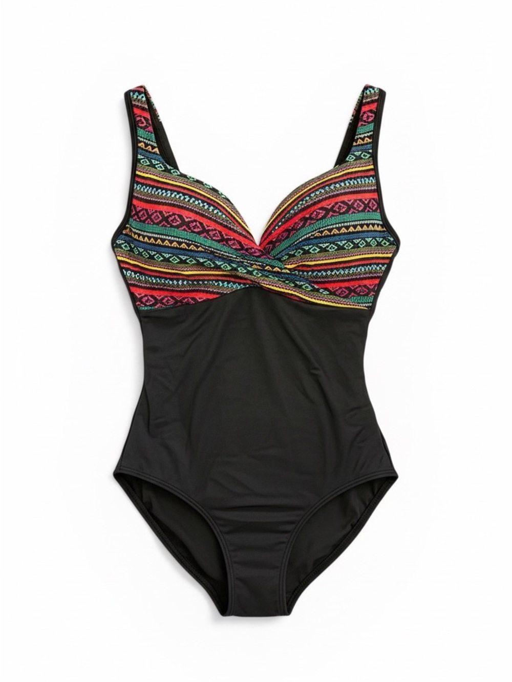 #142, Miraclesuit, Black One-Piece Swimsuit with Multicolor Aztec Print, size 10